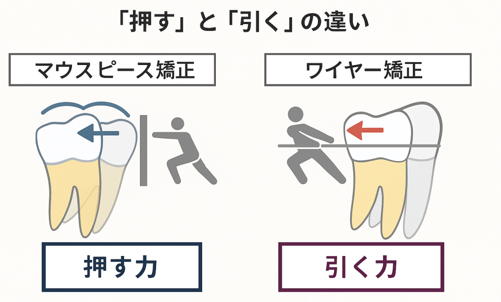 高崎市新町・藤岡市・玉村町・上里町で矯正歯科をお探しの方へ|マウスピース矯正とワイヤー矯正の力の違い(押す力・引く力)を図解
